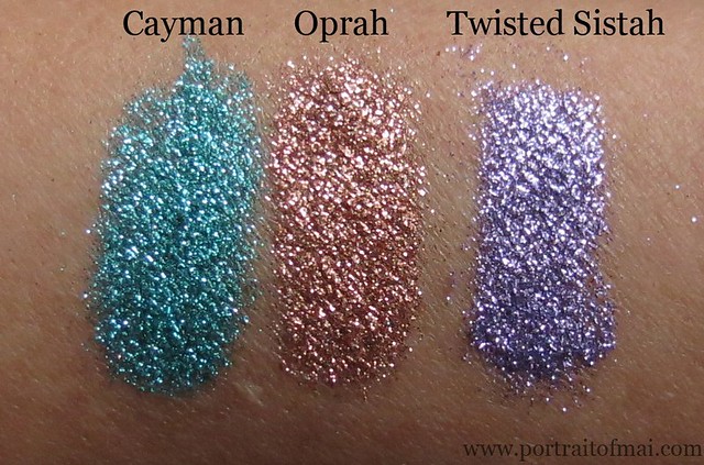 Lit Cosmetics Cayman, Oprah, and Twisted Sistah Glitter Swatches