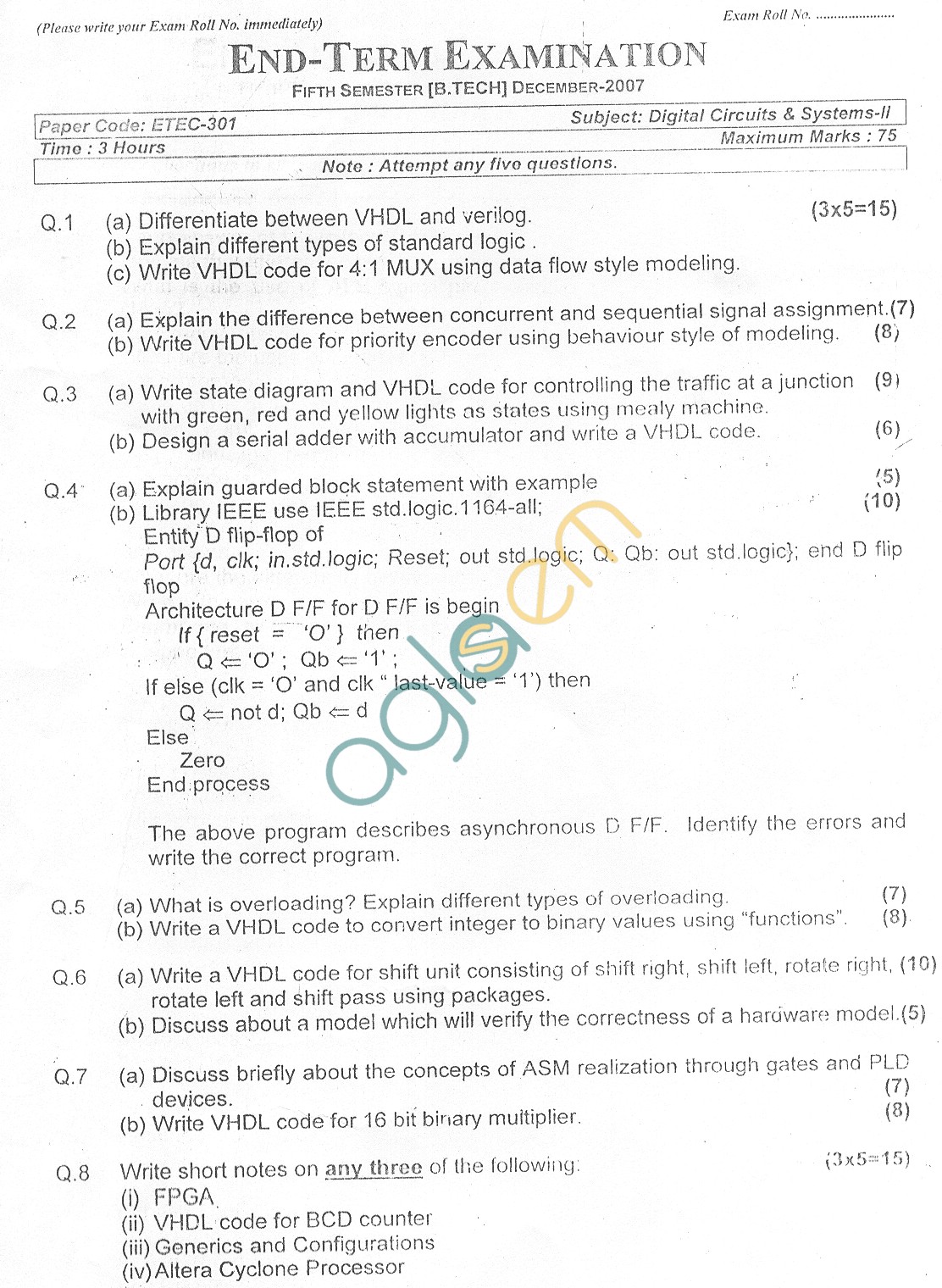 GGSIPU Question Papers Fifth Semester – end Term 2006 – ETEC-301