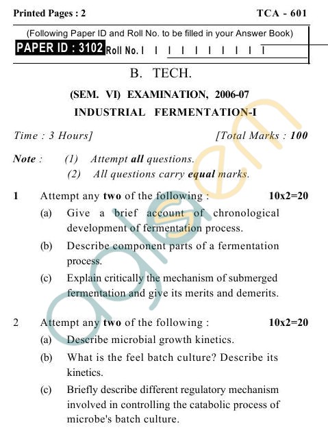 UPTU B.Tech Question Papers -TCA-601- Industrial Fermentation-I