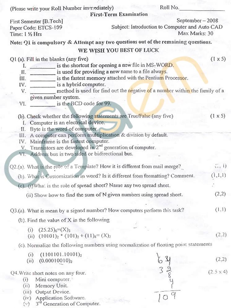 GGSIPU: Question Papers First Semester - First Term 2008 - ETCS-109
