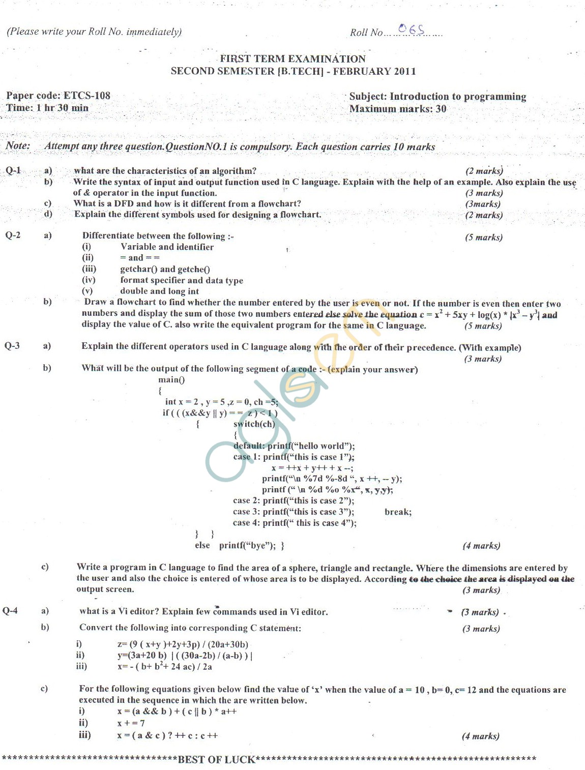 GGSIPU Question Papers Second Semester  First Term 2011  ETCS-108