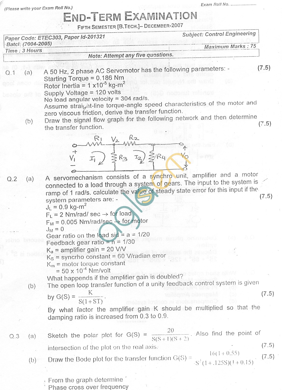 GGSIPU Question Papers Fifth Semester – end Term 2007 – ETEC-303