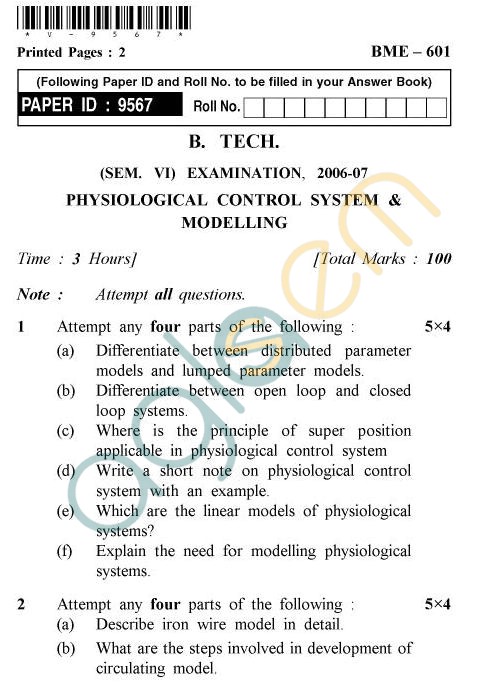 UPTU B.Tech Question Papers - BME-601 - Physiological Control System & Modelling