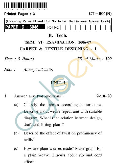 UPTU B.Tech Question Papers - CT604(N) - Carpet & Textile Designing-I