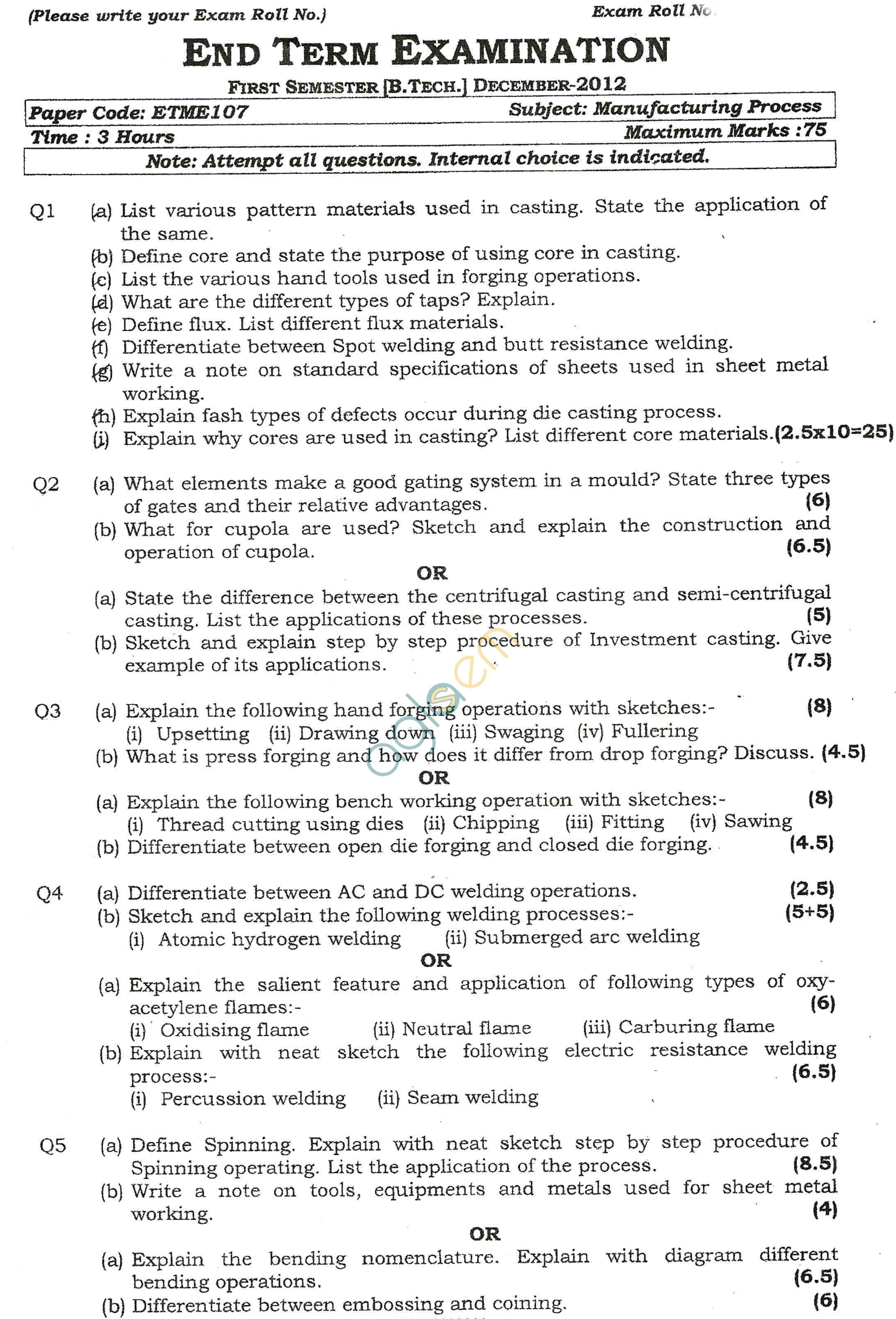 GGSIPU: Question Papers First Semester – end Term 2012 – ETME-107