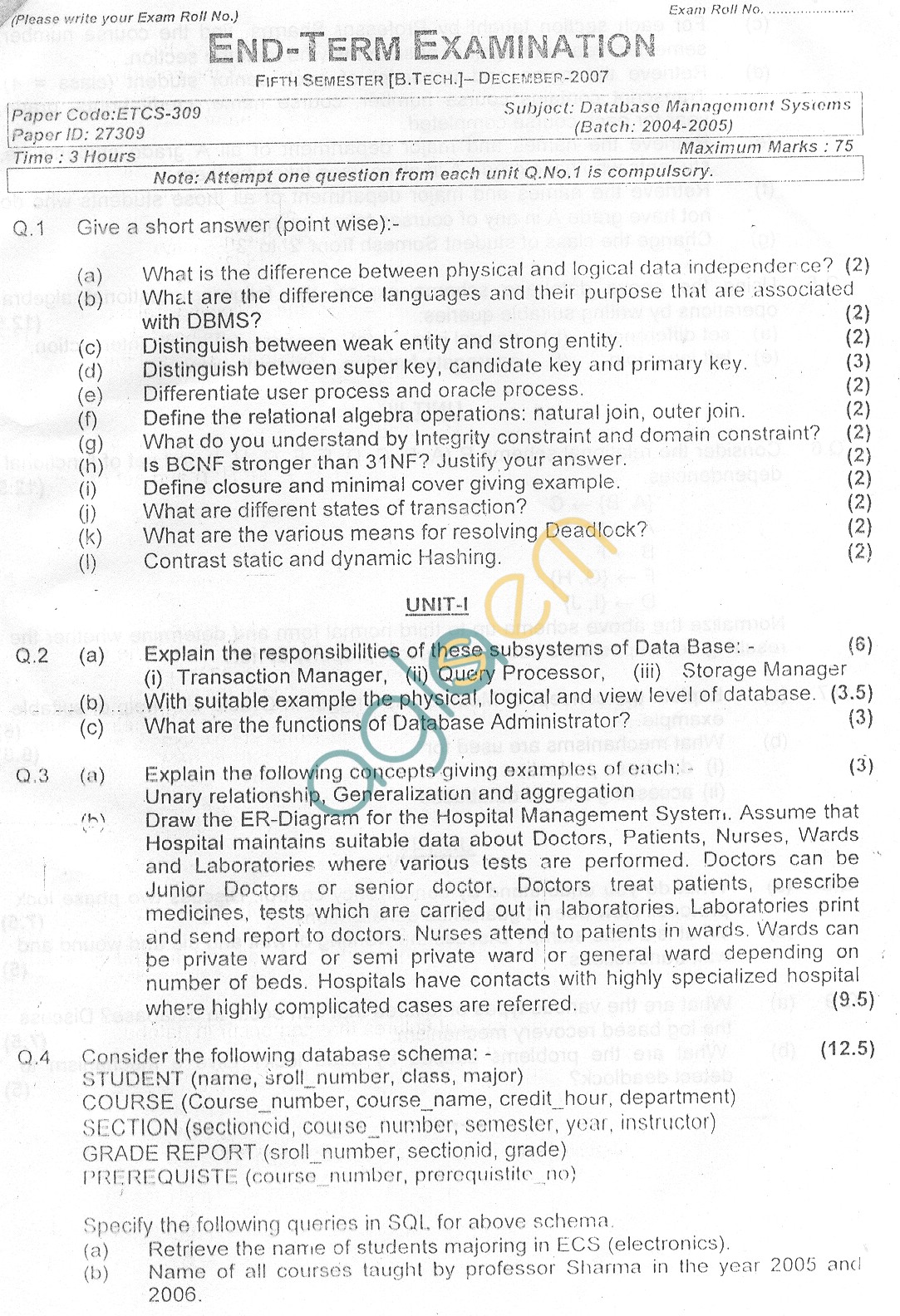 GGSIPU Question Papers Fifth Semester  end Term 2007  ETCS-309