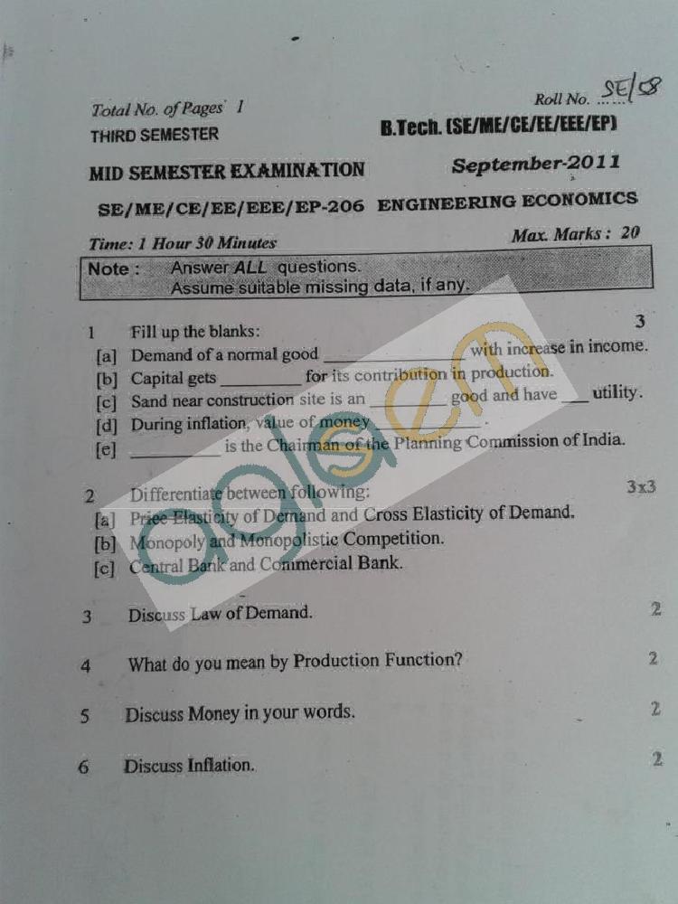DTU Question Papers 2011 - 3 Semester - Mid Sem - SE-ME-CE-EE-EEE-EP-206