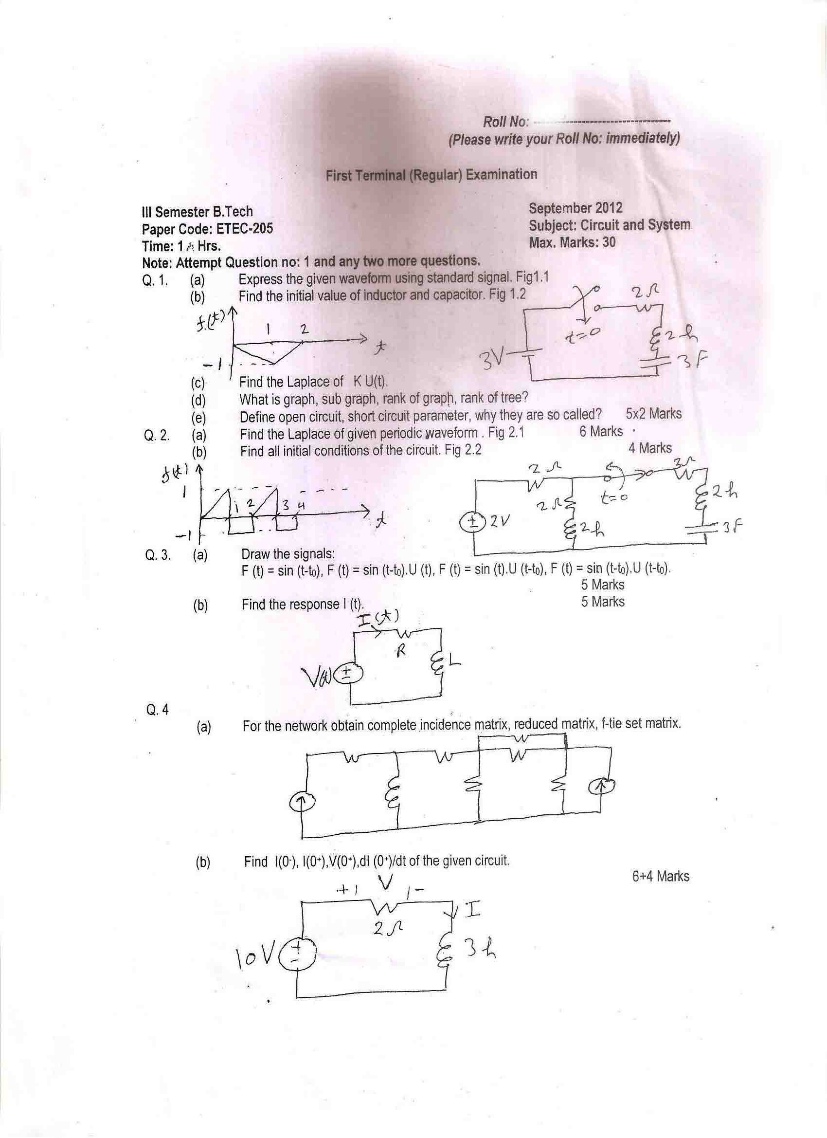 GGSIPU Question Papers Third Semester  First Term 2010  ETEC 205