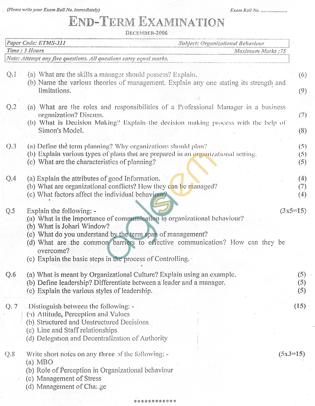 GGSIPU Question Papers Fifth Semester – end Term 2006 – ETMS-311