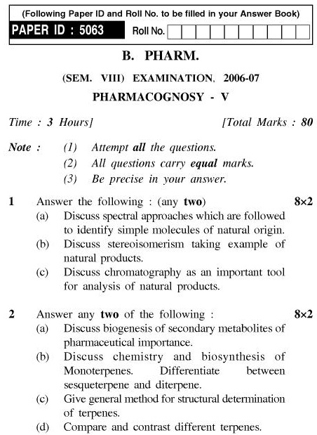 UPTU B.Pharm Question Papers PH-482 - Pharmacognosy-V