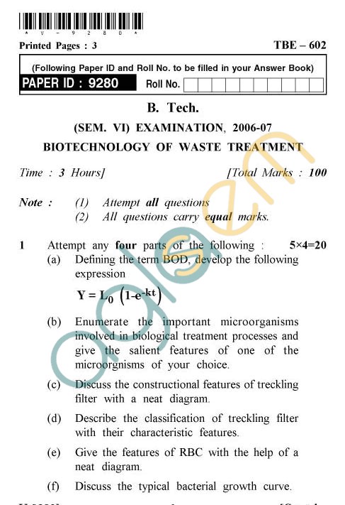 UPTU: B.Tech Question Papers - TBE-602 - Biotechnology of Waste Treatment