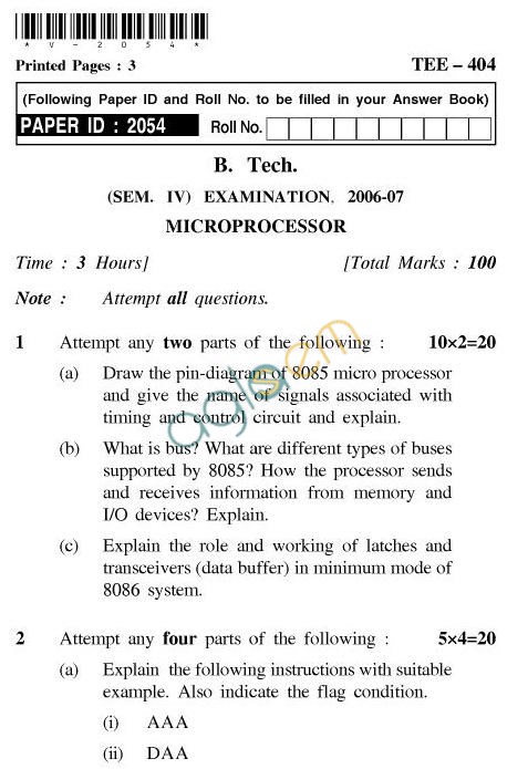 UPTU B.Tech Question Papers - TEE-404-Microprocessor