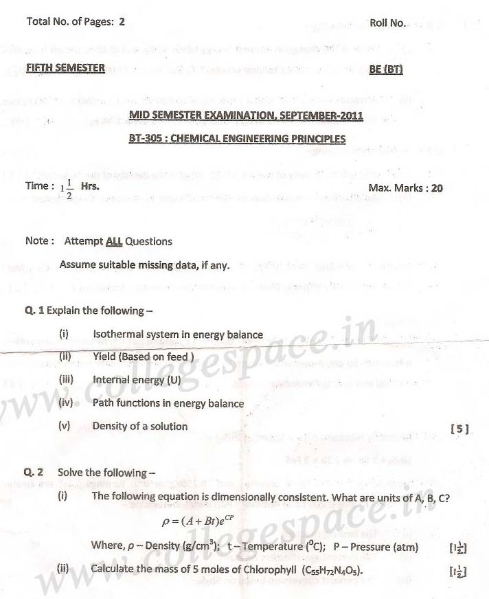 NSIT Question Papers 2011 – 5 Semester - Mid Sem - BT-305