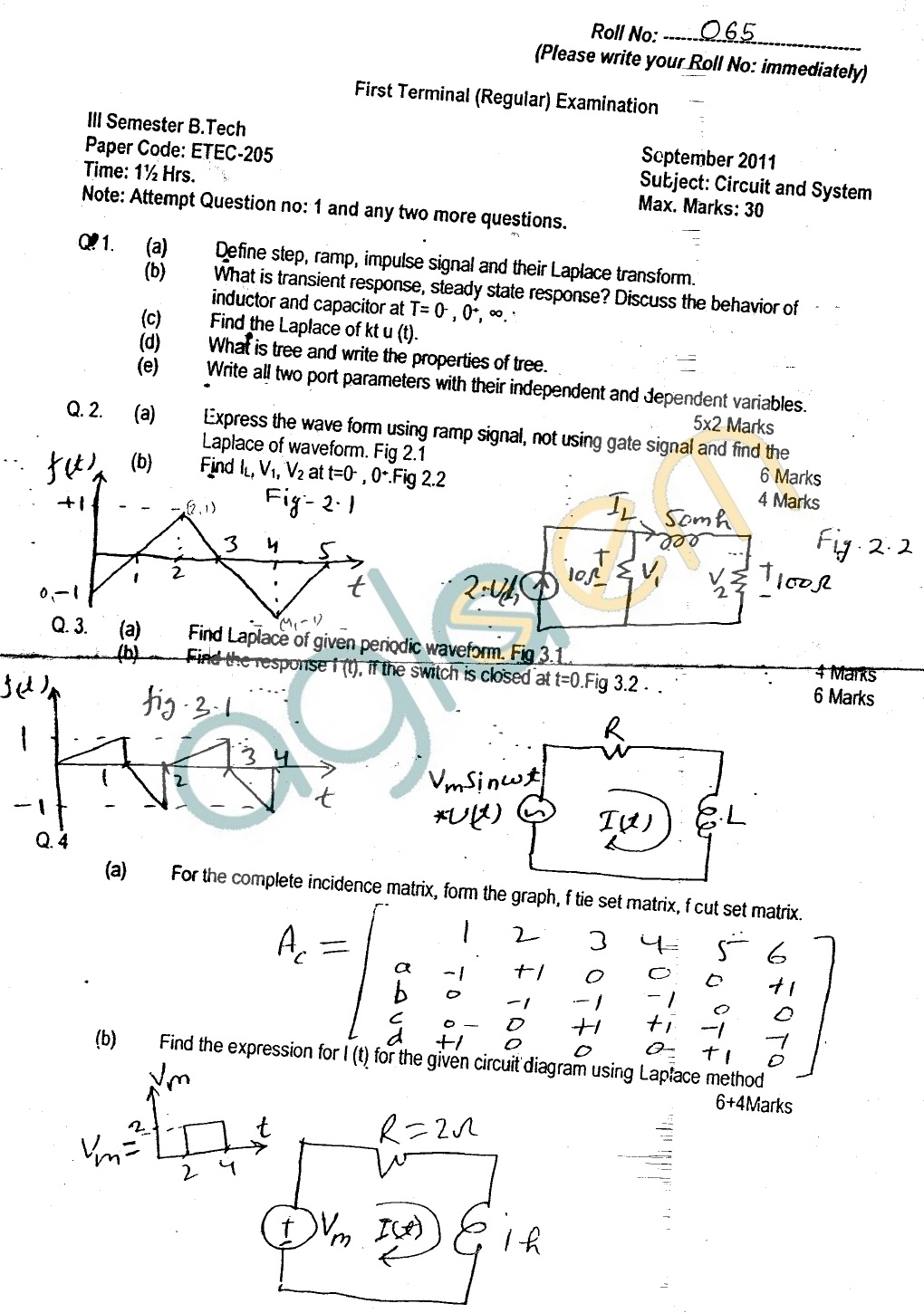 GGSIPU Question Papers Third Semester  First Term 2012  ETCS-205