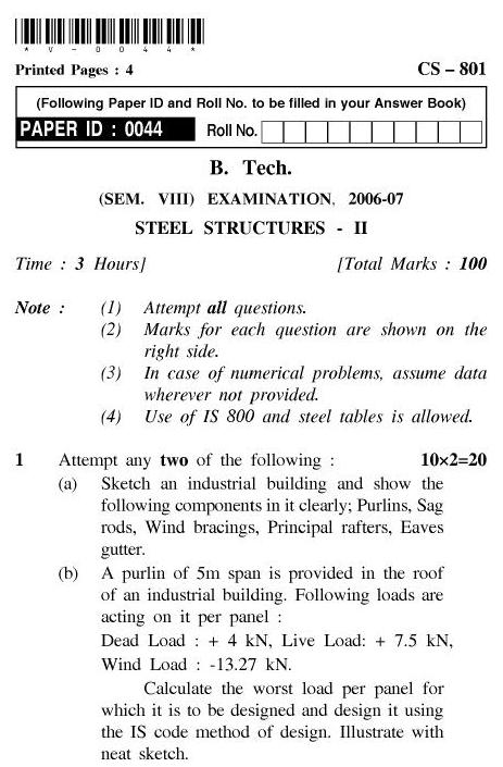 UPTU B.Tech Question Papers - CS-801-Steel Structures  II