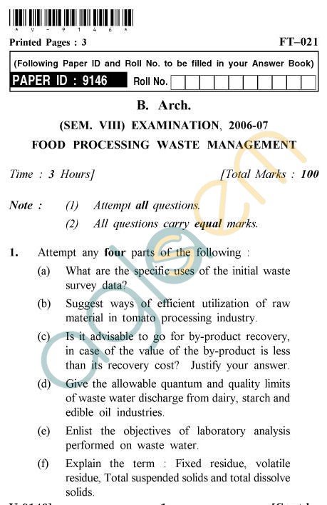 UPTU B.Tech Question Papers - FT-021 - Food Processing Waste Management