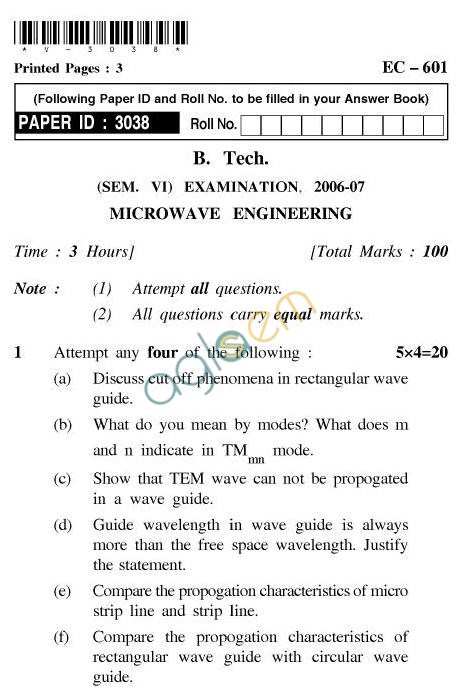 UPTU B.Tech Question Papers - EC-601-Microwave Engineering