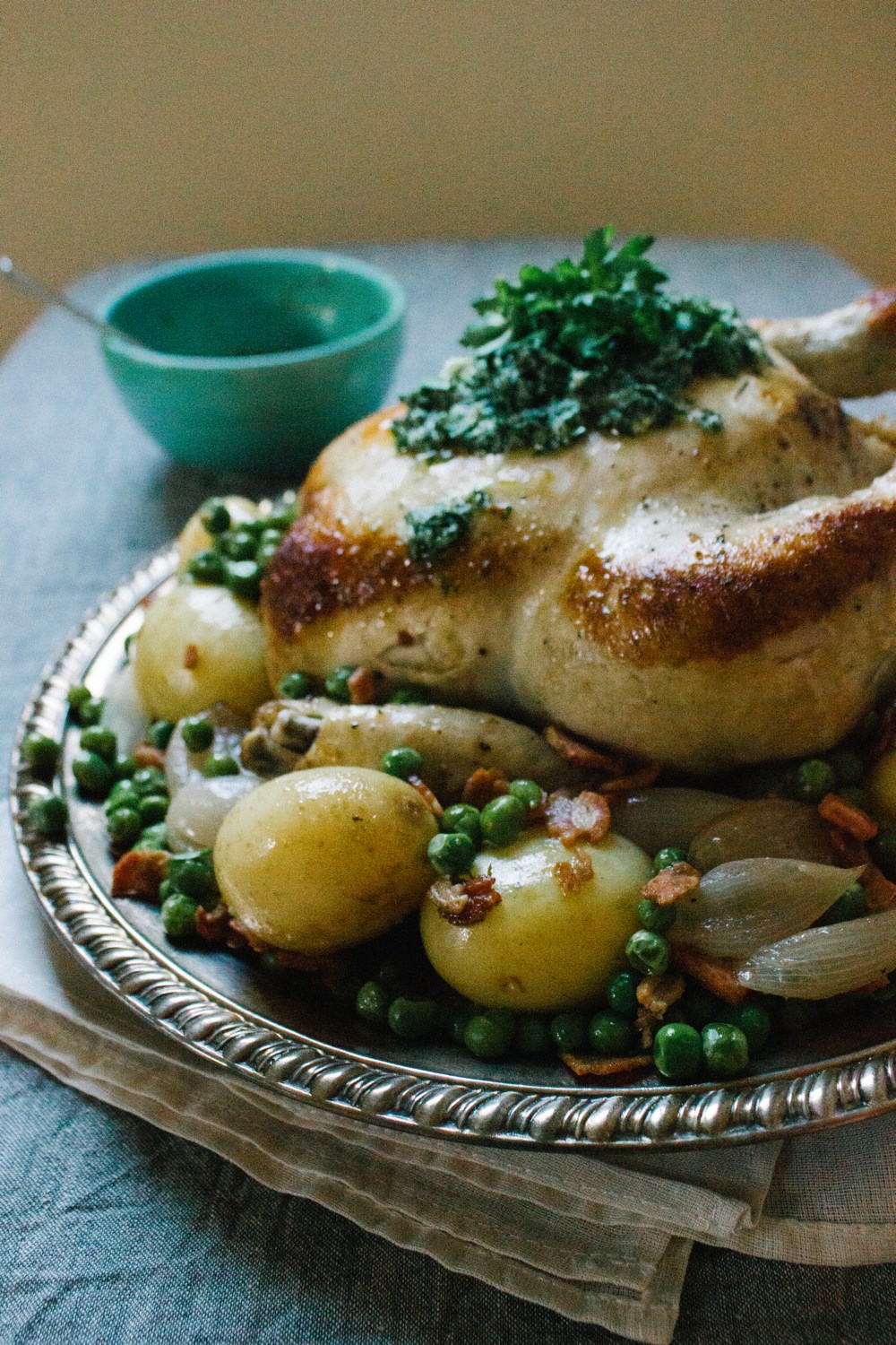 Chicken Pot Roast With Potatoes, Shallots and Peas
