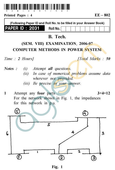 UPTU B.Tech Question Papers - EE-802 - Computer Methods in Power System