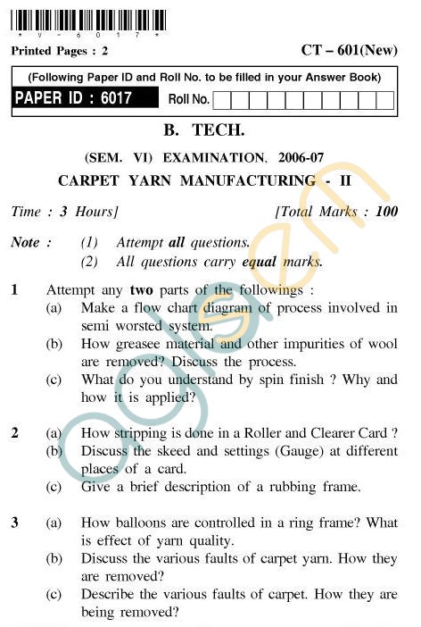 UPTU B.Tech Question Papers - CT-601 - Carpet Yarn Manufacturing-II