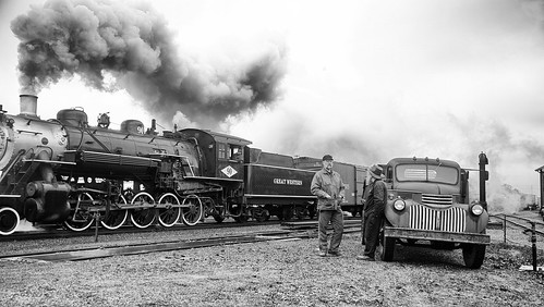railroad blackandwhite yard rail pickuptruck steam restored steamtrain strasburgrr petelerro