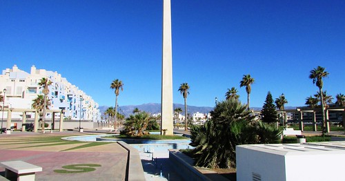 roquetasdemar almeria spain plaza palms obelisk bench