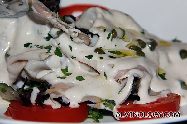Roasted pork loin salad with tuna mayo sauce - Rachel loves this 