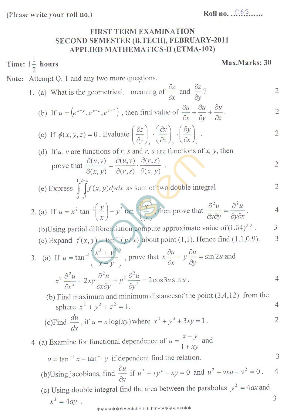 GGSIPU Question Papers Second Semester – First Term 2011 – ETMA-102