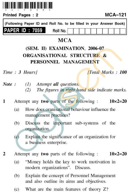 UPTU MCA Question Papers - MCA-121 - Organisational Structure & Personnel Management