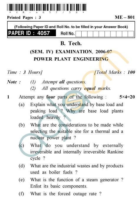 UPTU B.Tech Question Papers - ME-801 - Power Plant Engineering