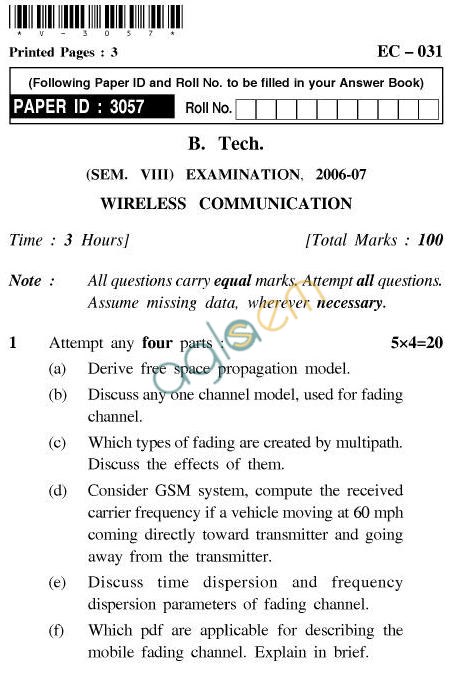 UPTU B.Tech Question Papers - EC-031-Wireless Communication