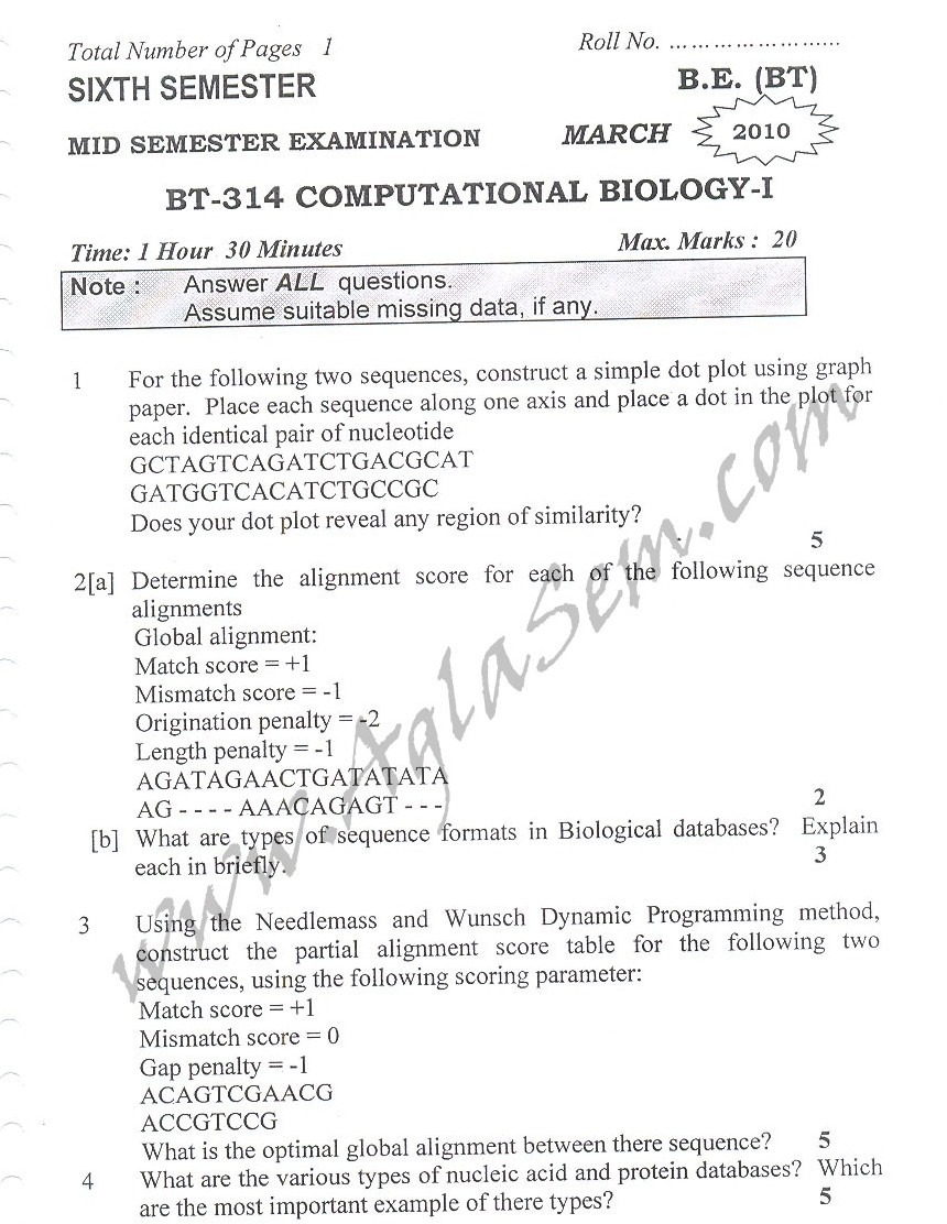 DTU Question Papers 2010 – 6 Semester - Mid Sem - BT-314