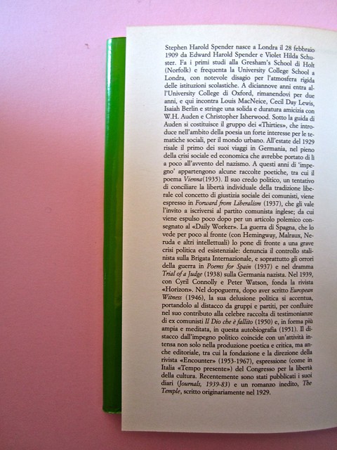 Stephen Spender. Un mondo nel mondo. Il Mulino 1992. Sovracoperta di Alberto Bernini. Risvolto della quarta di sovracoperta (part.), 1