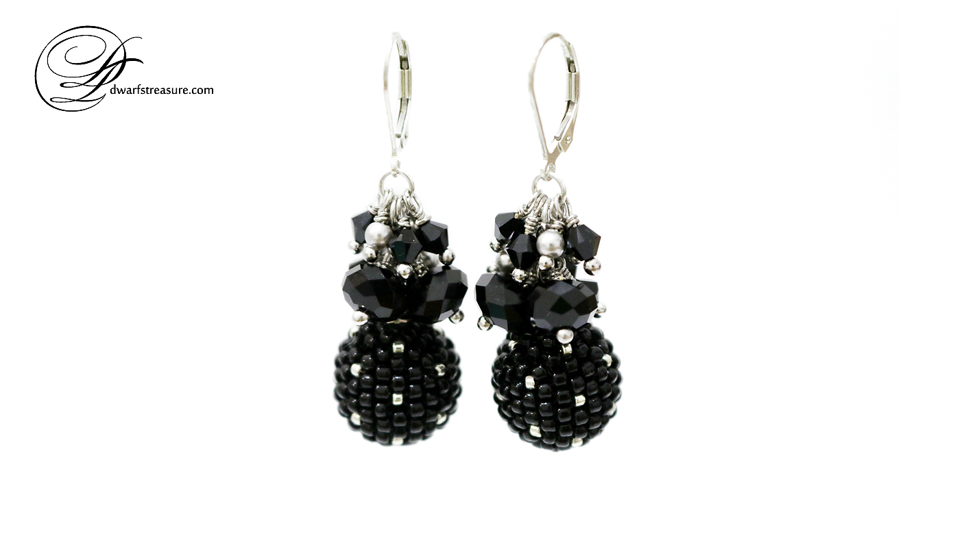 Elegant black beaded silver earrings with Swarovski crystals