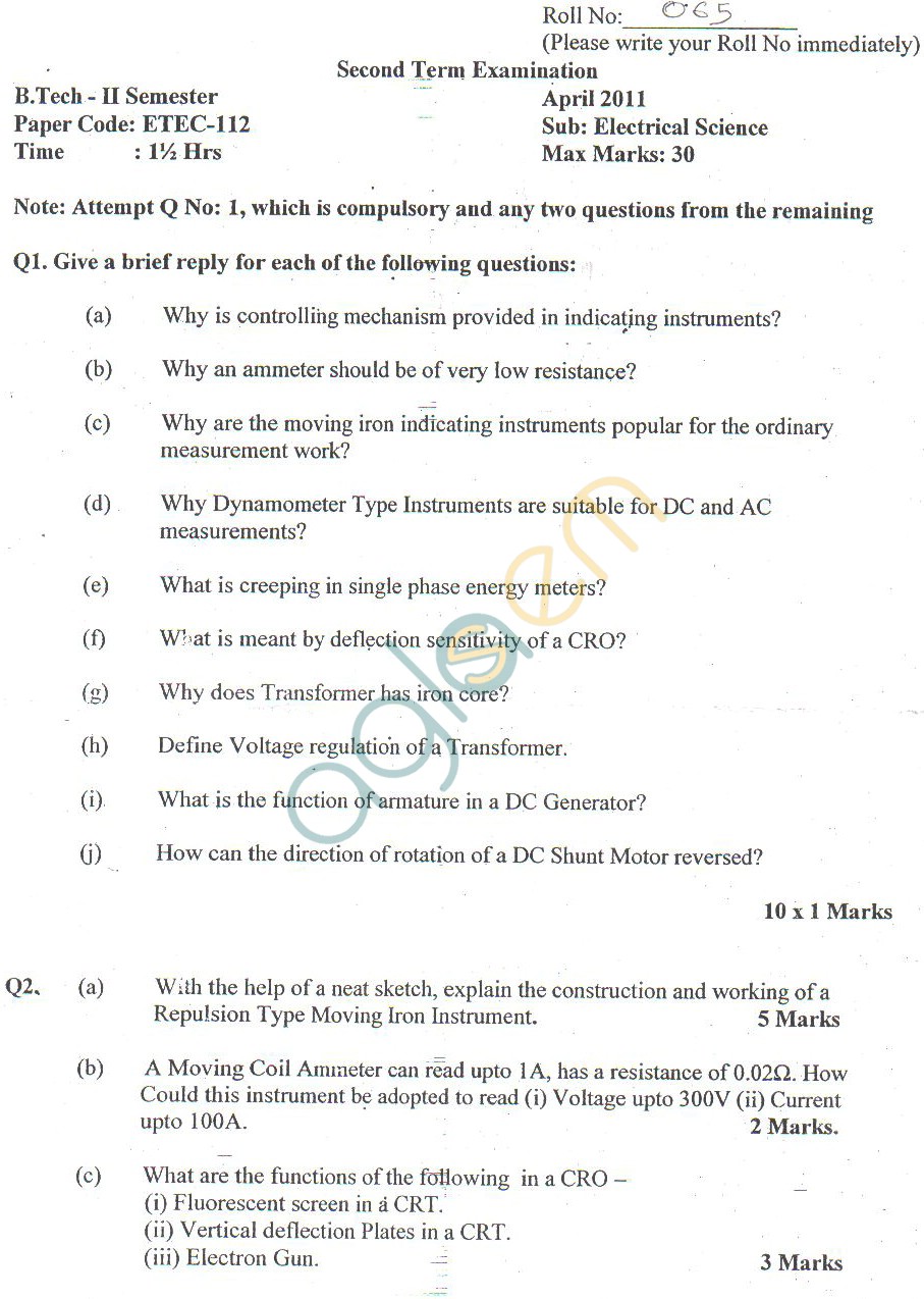 GGSIPU Question Papers Second Semester – Second Term 2011 – ETEC-112