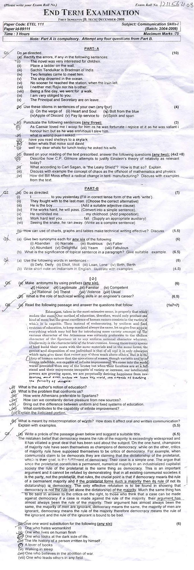 GGSIPU: Question Papers First Semester  end Term 2008  ETEL-111