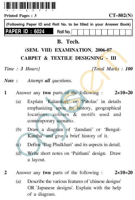 UPTU B.Tech Question Papers - CT-802(N) - Carpet & Textile Designing-III