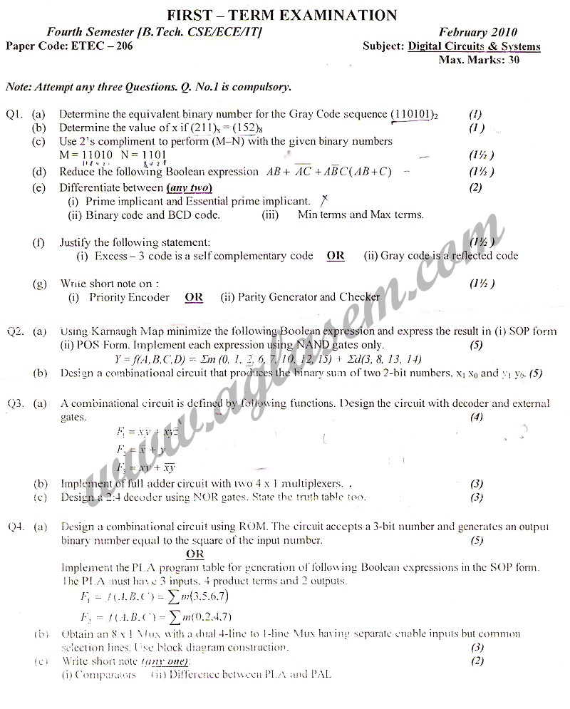 GGSIPU Question Papers Fourth Semester  First Term 2010  ETEC-206