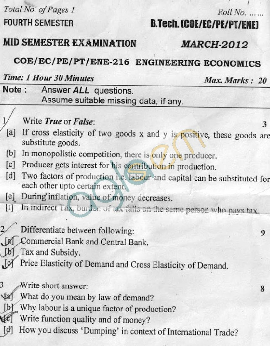 DTU: Question Papers 2012 - 4 Semester - Mid Sem - COE-EC-PE-PT-ENE-216