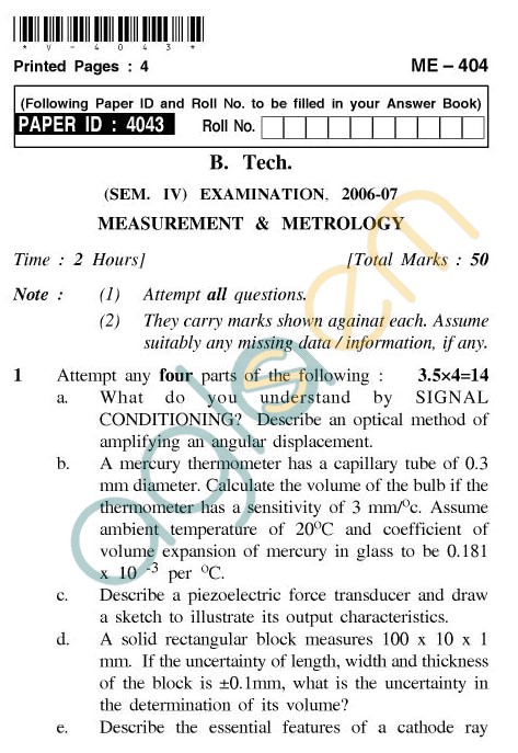 UPTU: B.Tech Question Papers - ME-404 - Measurement & Metrology