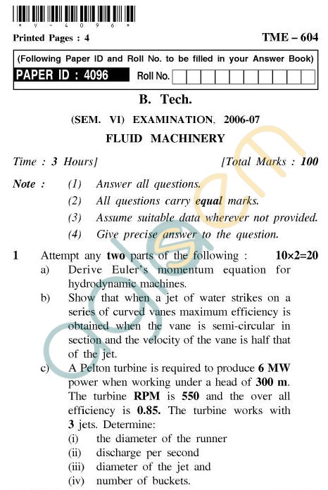 UPTU B.Tech Question Papers - TME-604 - Fluid Machinery
