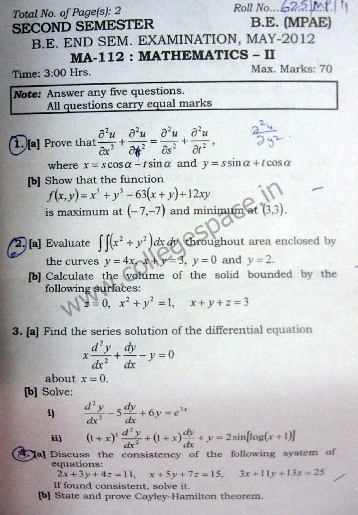 NSIT Question Papers 2012  2 Semester - End Sem - MA-112