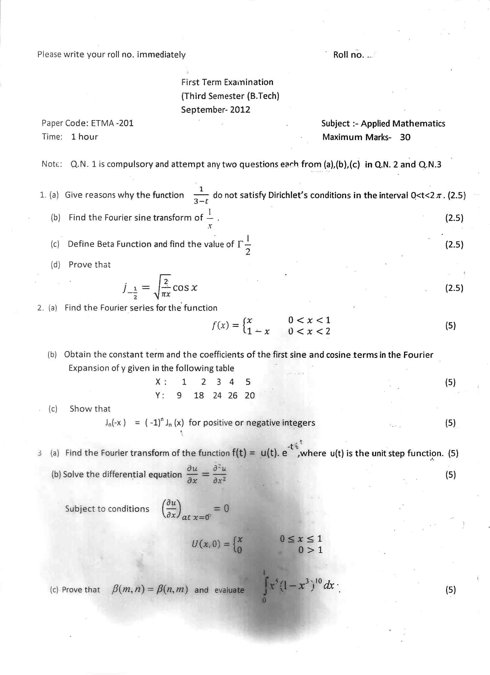 GGSIPU Question Papers Third Semester  First Term 2012  ETMA-201