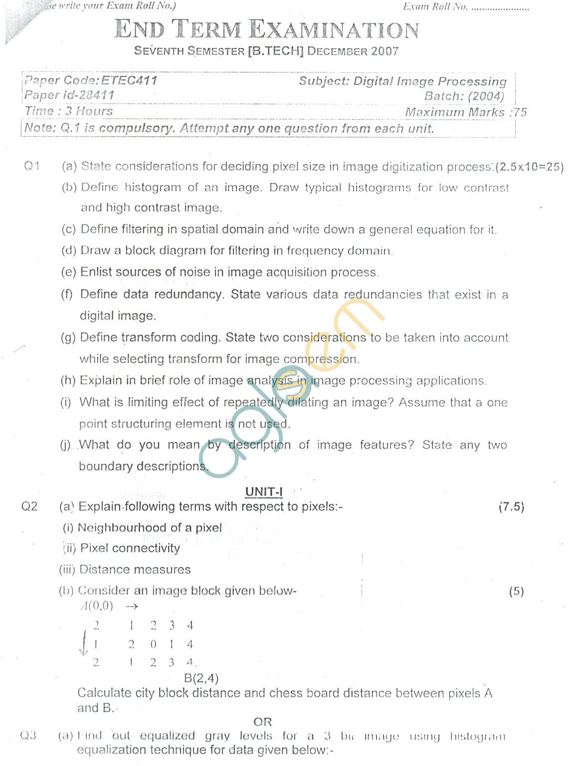 GGSIPU: Question Papers Seventh Semester  end Term 2007  ETEC-411