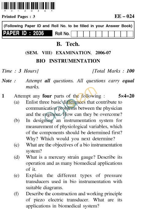 UPTU B.Tech Question Papers - EE-024-Bio Instrumetation