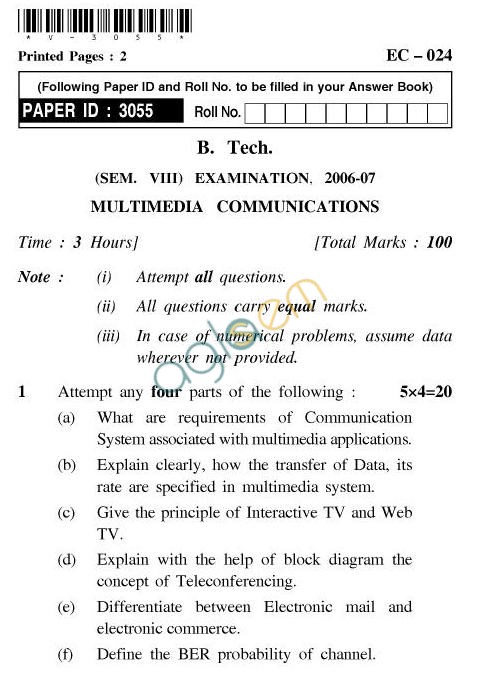 UPTU B.Tech Question Papers - EC-024-Multimedia Communications