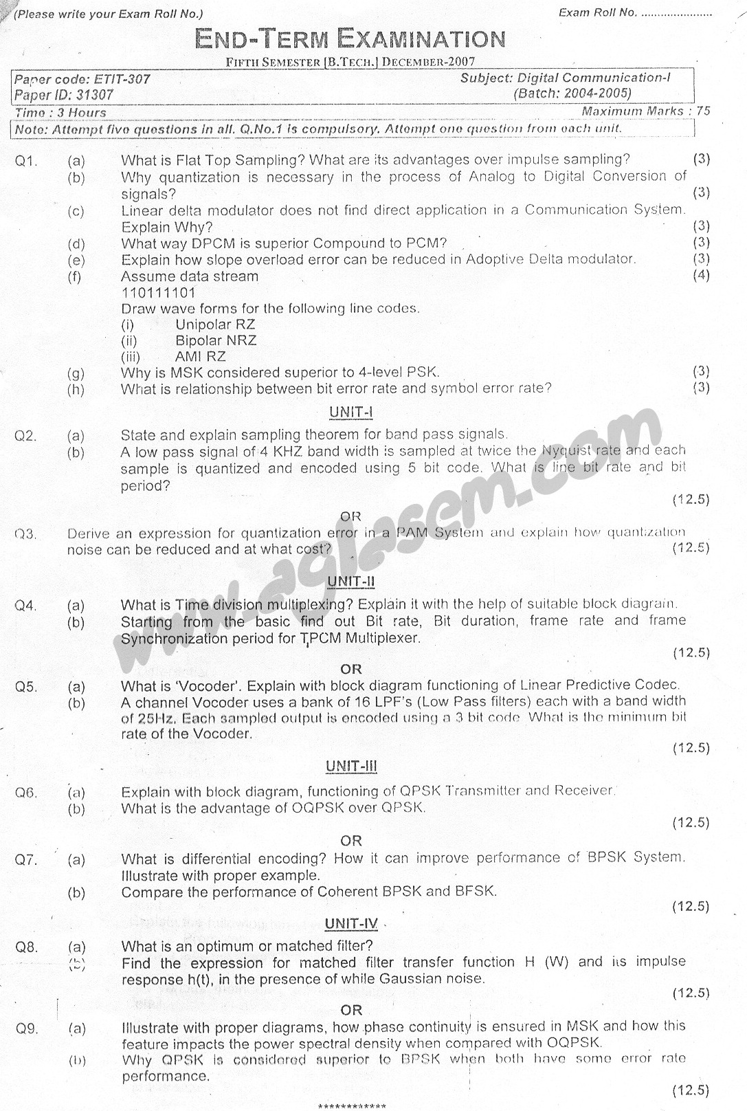 GGSIPU Question Papers Fourth Semester  end Term 2007  ETIT_307