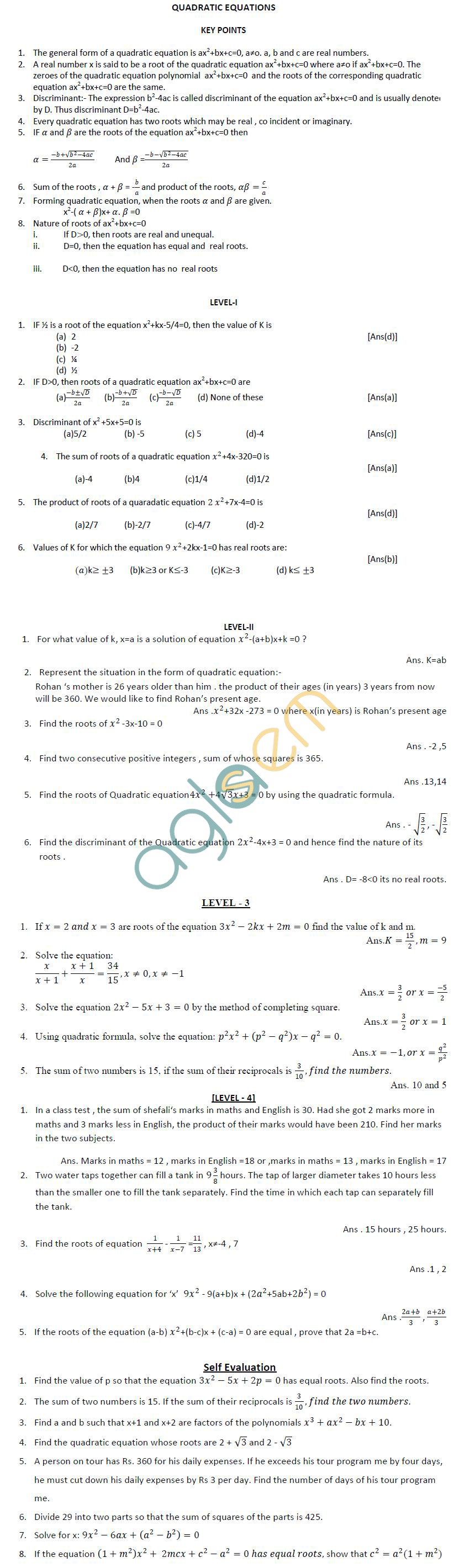 CBSE Class X: Maths - Quadratic Equation