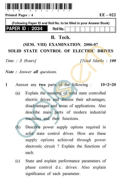 UPTU B.Tech Question Papers - EE-022 - Solid State Control of Electric Drives