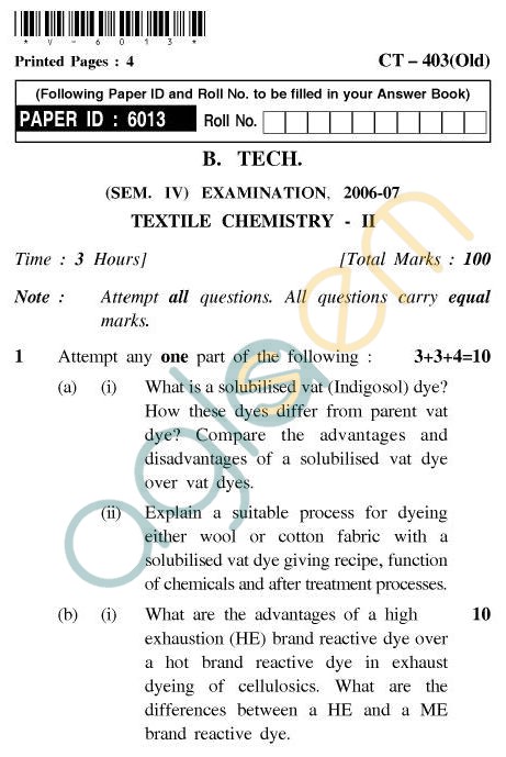 UPTU B.Tech Question Papers - CT-403 - Textile Chemistry-II